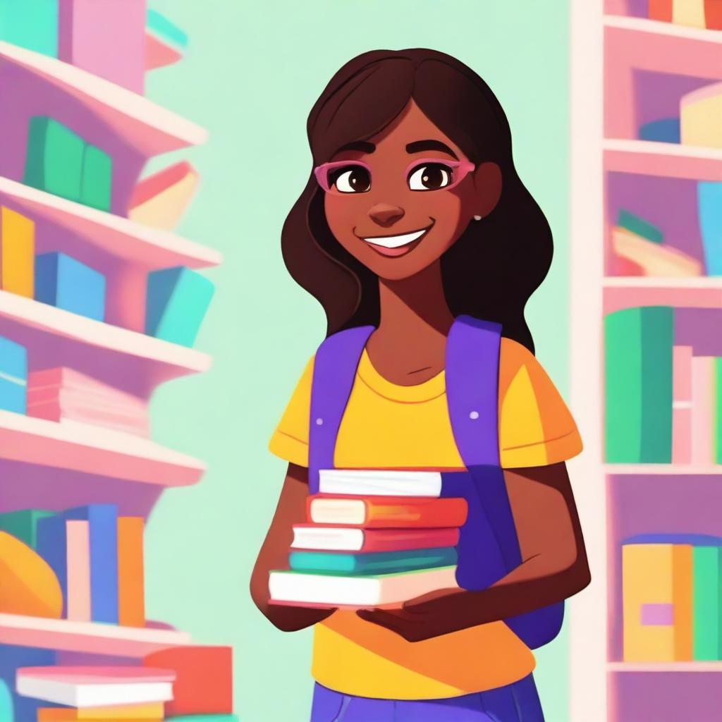 An animated teen girl with a cheerful expression holding a stack of books