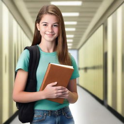 Create a hyper-realistic image of a 15-year-old teenage girl holding books