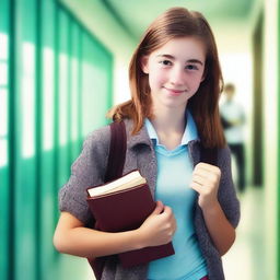 Create a hyper-realistic image of a 15-year-old teenage girl holding books