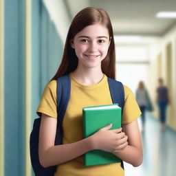 Create a hyper-realistic image of a 15-year-old teenage girl holding books