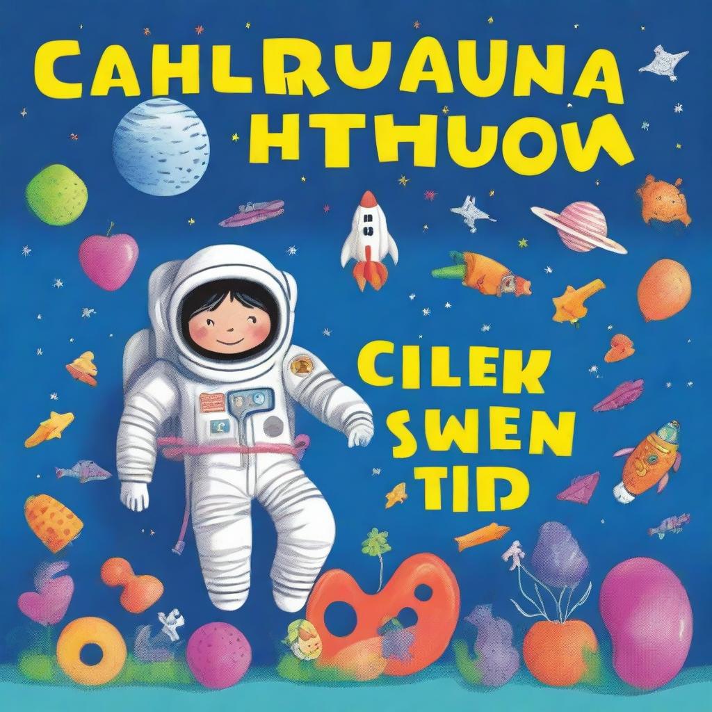 Create a book cover for children aged 12 that includes themes such as astronaut, plant, submarine, inflatable balloon, candle, and lungs