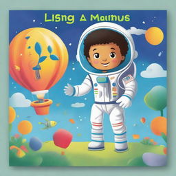 Create a book cover for children aged 12 that includes themes such as astronaut, plant, submarine, inflatable balloon, candle, and lungs