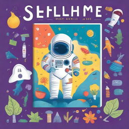 Create a book cover for children aged 12 that includes elements such as an astronaut, plant, submarine, inflatable balloon, candle, and lungs