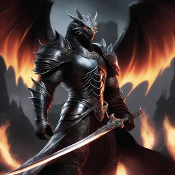 A fierce black dragon man stands tall, clad in shining silver armor