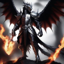 A fierce black dragon man stands tall, clad in shining silver armor