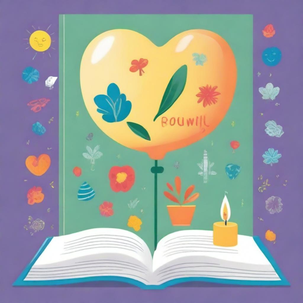 Create a book cover for children aged 12 that includes elements such as a plant, an inflatable balloon, a candle, and lungs