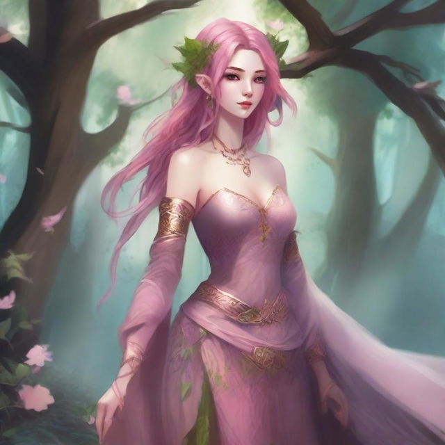 A tall female Aasamir with pink hair, depicted as a Druid