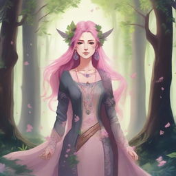 A tall female Aasamir with pink hair, depicted as a Druid