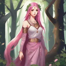 A tall female Aasamir with pink hair, depicted as a Druid