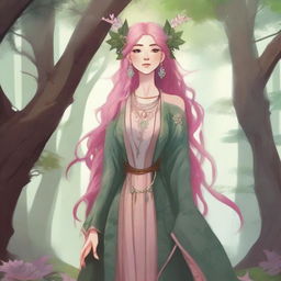 A tall female Aasamir with pink hair, depicted as a Druid