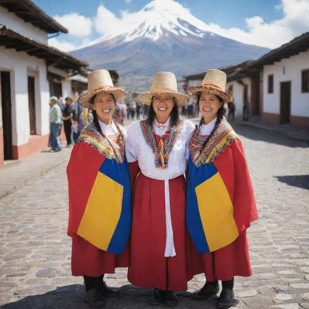 Display a variety of aspects of Ecuadorian nationality like traditional clothing, iconic landmarks like Cotopaxi, the flag, and locally cherished food items such as ceviche.