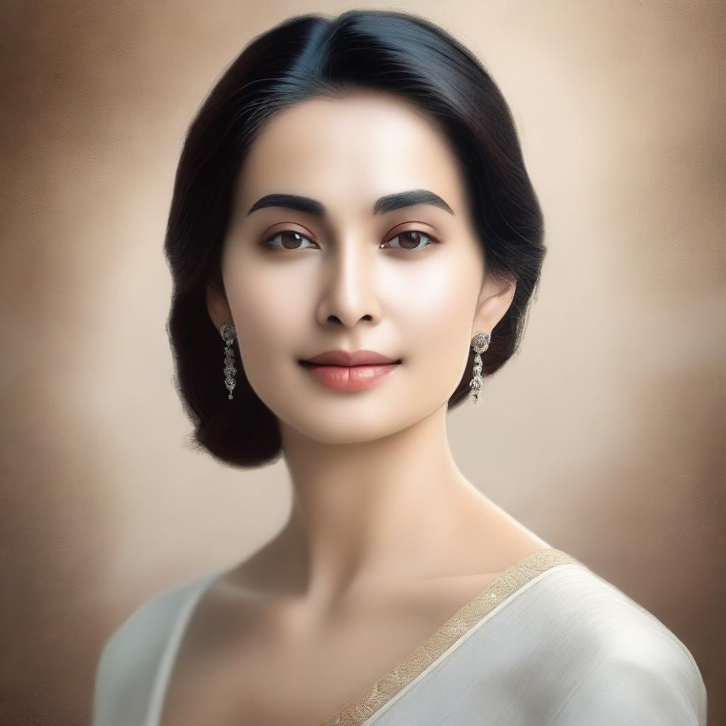 A portrait of a woman with a serene expression, detailed features, and a calm background