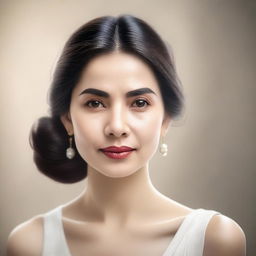 A portrait of a woman with a serene expression, detailed features, and a calm background