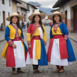 Display a variety of aspects of Ecuadorian nationality like traditional clothing, iconic landmarks like Cotopaxi, the flag, and locally cherished food items such as ceviche.