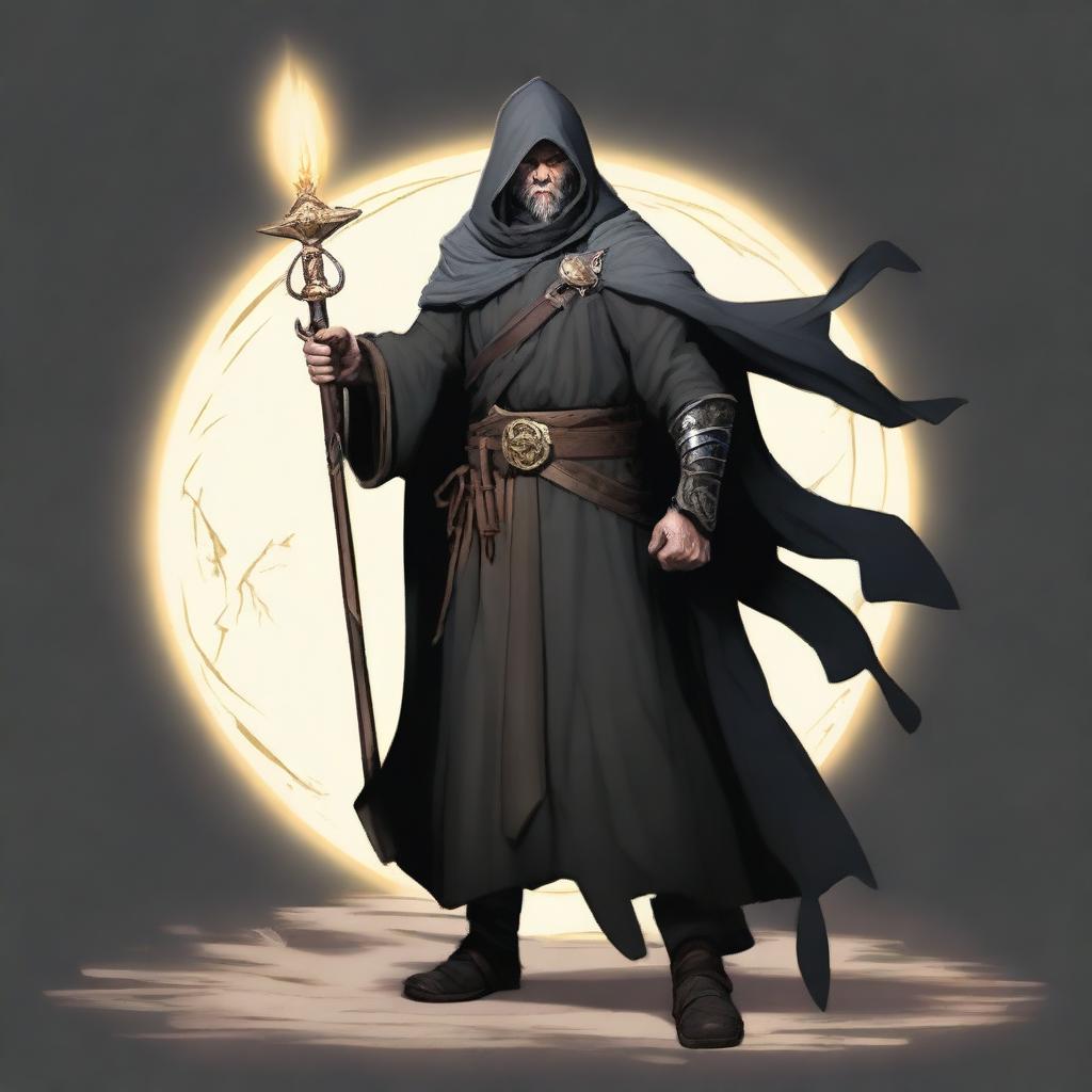 A middle-aged, 5th level fighter and 10th level wizard stands confidently