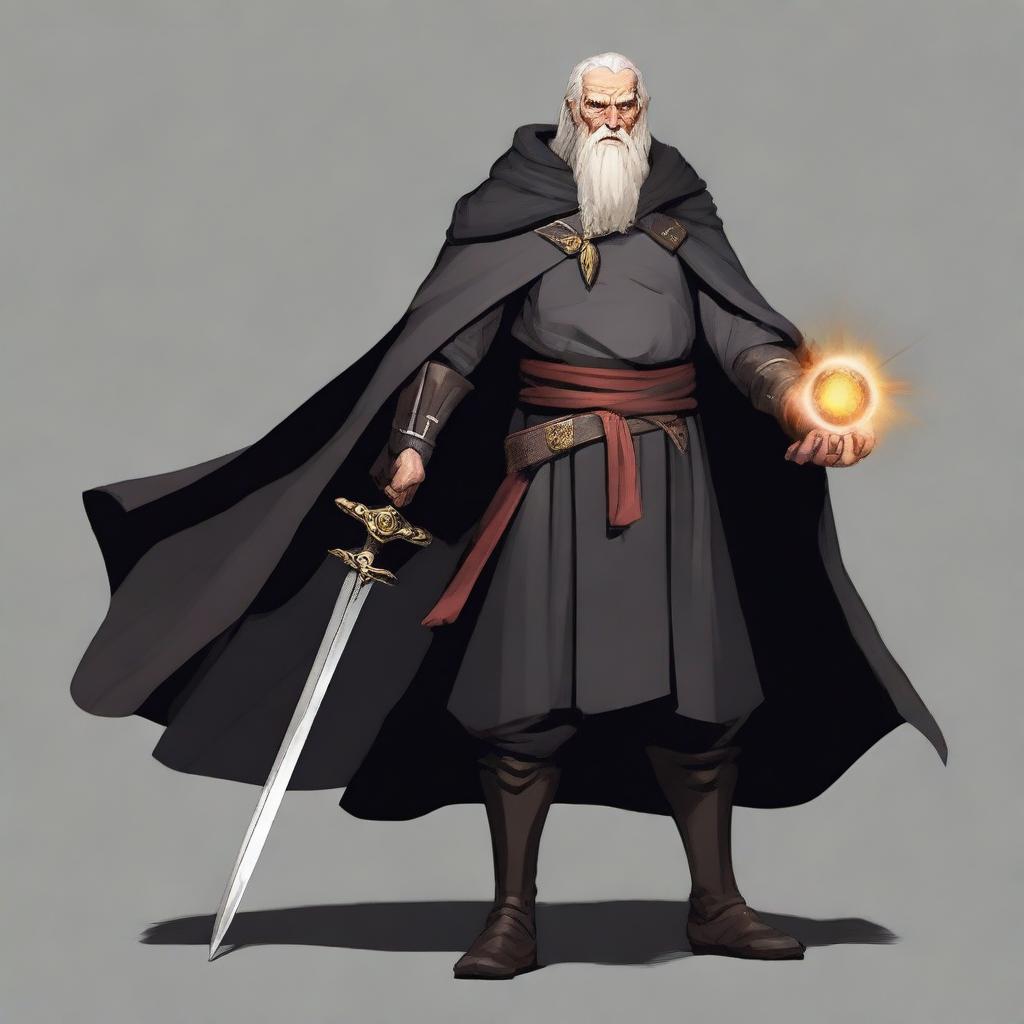 A middle-aged, 5th level fighter and 10th level wizard stands confidently