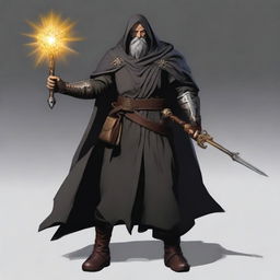 A middle-aged, 5th level fighter and 10th level wizard stands confidently