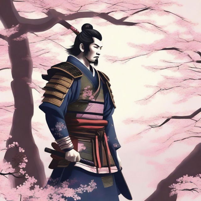 A detailed illustration of a samurai warrior in traditional armor, standing in a serene Japanese garden with cherry blossom trees in full bloom