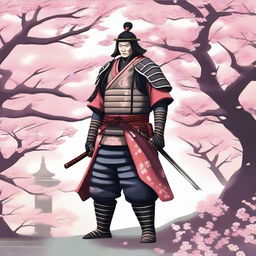 A detailed illustration of a samurai warrior in traditional armor, standing in a serene Japanese garden with cherry blossom trees in full bloom