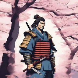 A detailed illustration of a samurai warrior in traditional armor, standing in a serene Japanese garden with cherry blossom trees in full bloom