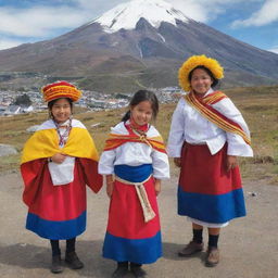 Display a variety of aspects of Ecuadorian nationality like traditional clothing, iconic landmarks like Cotopaxi, the flag, and locally cherished food items such as ceviche.