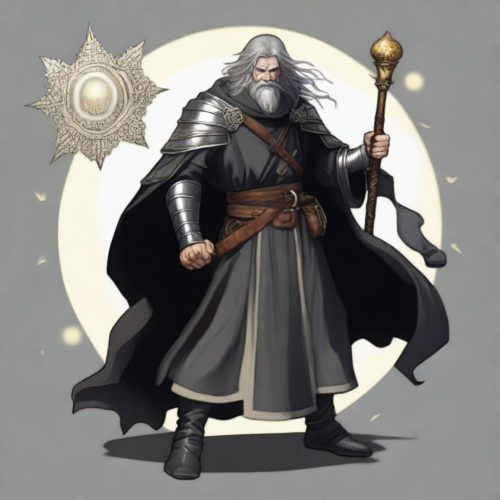 A middle-aged 5th level fighter and 10th level wizard wearing a black cloak and black half plate armor