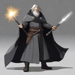 A middle-aged 5th level fighter and 10th level wizard wearing a black cloak and black half plate armor