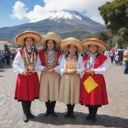 Display a variety of aspects of Ecuadorian nationality like traditional clothing, iconic landmarks like Cotopaxi, the flag, and locally cherished food items such as ceviche.