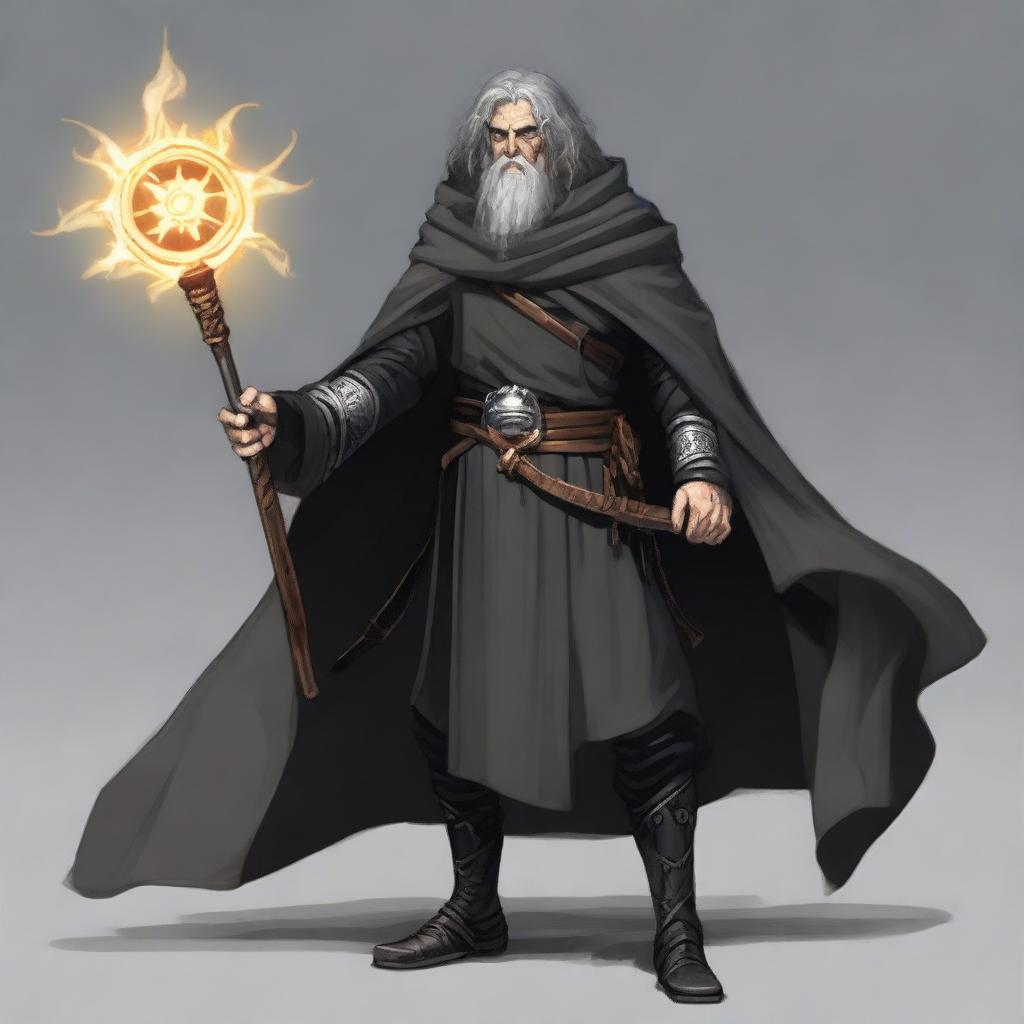 A middle-aged 5th level fighter and 10th level wizard wearing a black cloak and black half plate armor