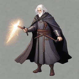 A middle-aged 5th level fighter and 10th level wizard wearing a black cloak and black half plate armor