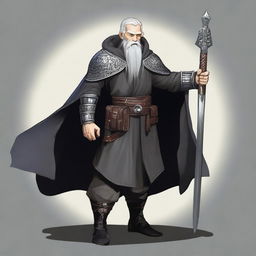 A middle-aged 5th level fighter and 10th level wizard wearing a black cloak and black half plate armor