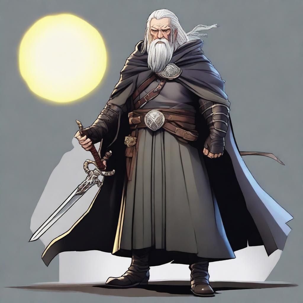 A middle-aged 5th level fighter and 10th level wizard wearing a black cloak and black half plate armor