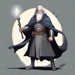 A middle-aged 5th level fighter and 10th level wizard wearing a black cloak and black half plate armor