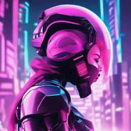 A character of undefined gender, wearing a futuristic helmet that half covers their face