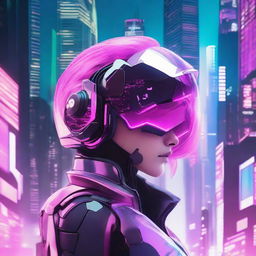 A character of undefined gender, wearing a futuristic helmet that half covers their face