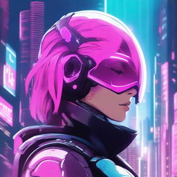 A character of undefined gender, wearing a futuristic helmet that half covers their face