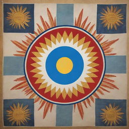 Design a flag incorporating elements of Mediterranean symbology, Indigenous patterns, and the Argentine sun.