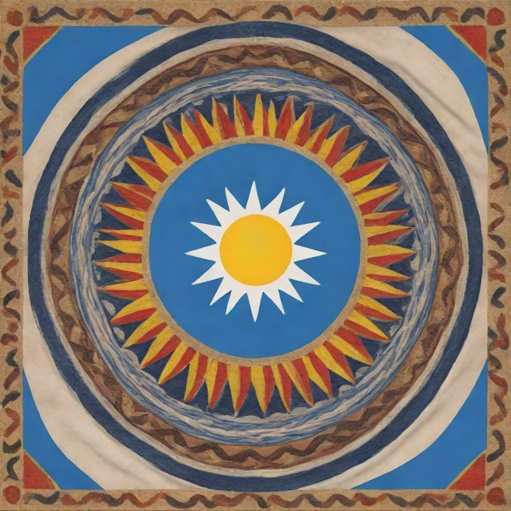 Design a flag incorporating elements of Mediterranean symbology, Indigenous patterns, and the Argentine sun.