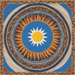 Design a flag incorporating elements of Mediterranean symbology, Indigenous patterns, and the Argentine sun.