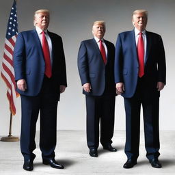 Create an image featuring Donald Trump standing on the left side, recreating a specific pose or scene from a reference picture provided