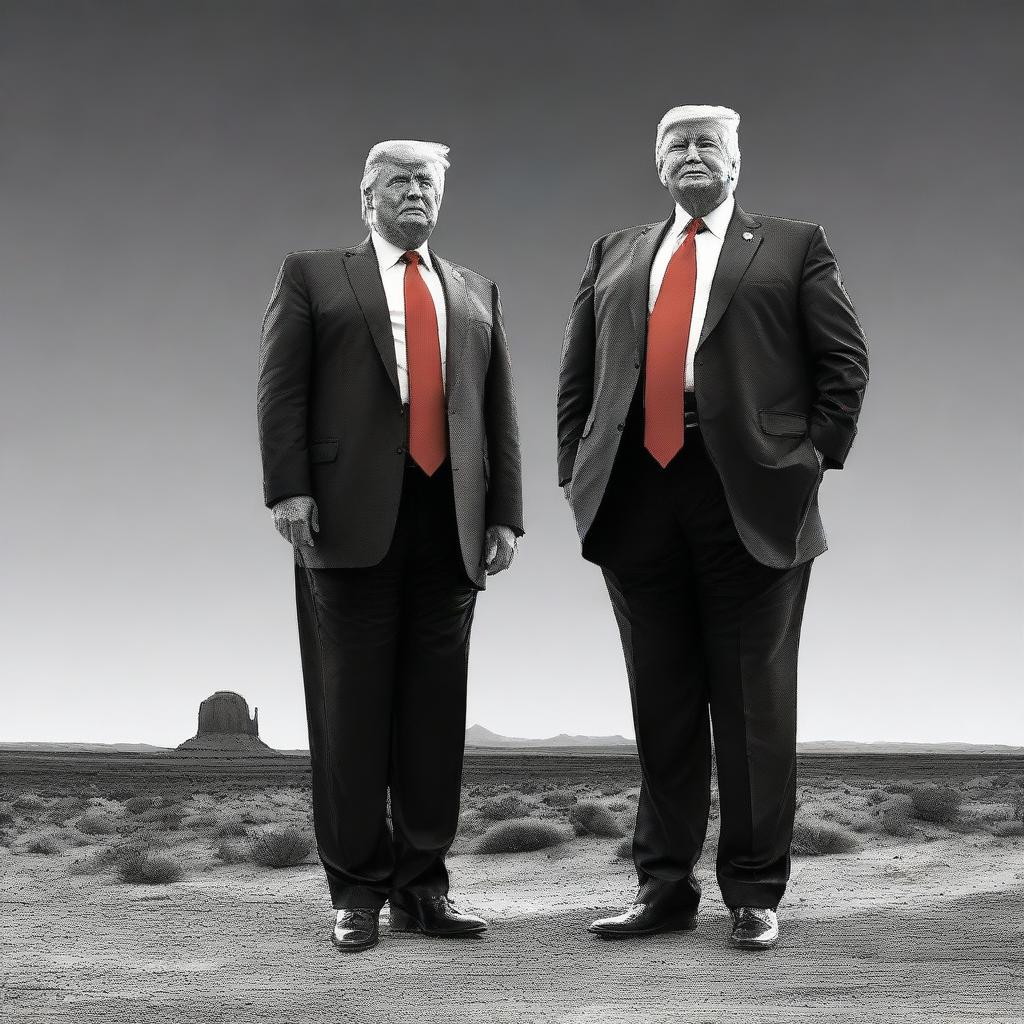 Create an image featuring Donald Trump standing on the left side, recreating a specific pose or scene from a reference picture provided