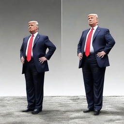 Create an image featuring Donald Trump standing on the left side, recreating a specific pose or scene from a reference picture provided