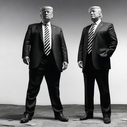 Create an image featuring Donald Trump standing on the left side, recreating a specific pose or scene from a reference picture provided