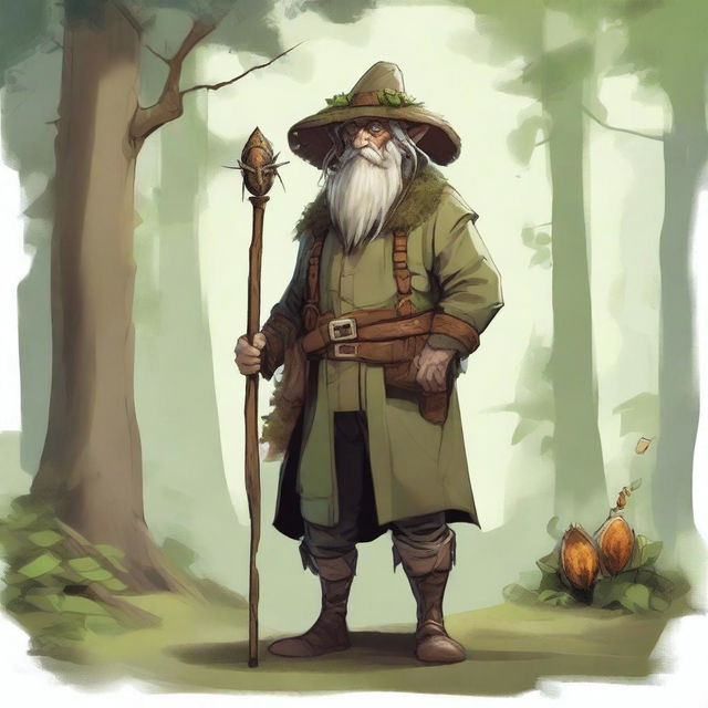 A male firbolg druid wearing farmer's overalls and a straw hat