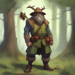 A male firbolg druid wearing farmer's overalls and a straw hat