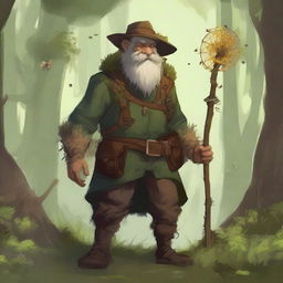 A male firbolg druid wearing farmer's overalls and a straw hat