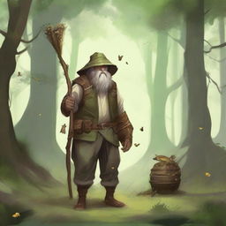 A male firbolg druid wearing farmer's overalls and a straw hat