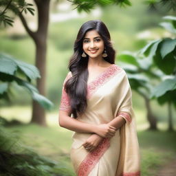 A beautiful Indian girl with long, flowing hair, wearing traditional Indian attire such as a saree