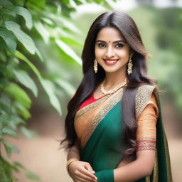 A beautiful Indian girl with long, flowing hair, wearing traditional Indian attire such as a saree