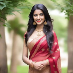 A beautiful Indian girl with long, flowing hair, wearing traditional Indian attire such as a saree